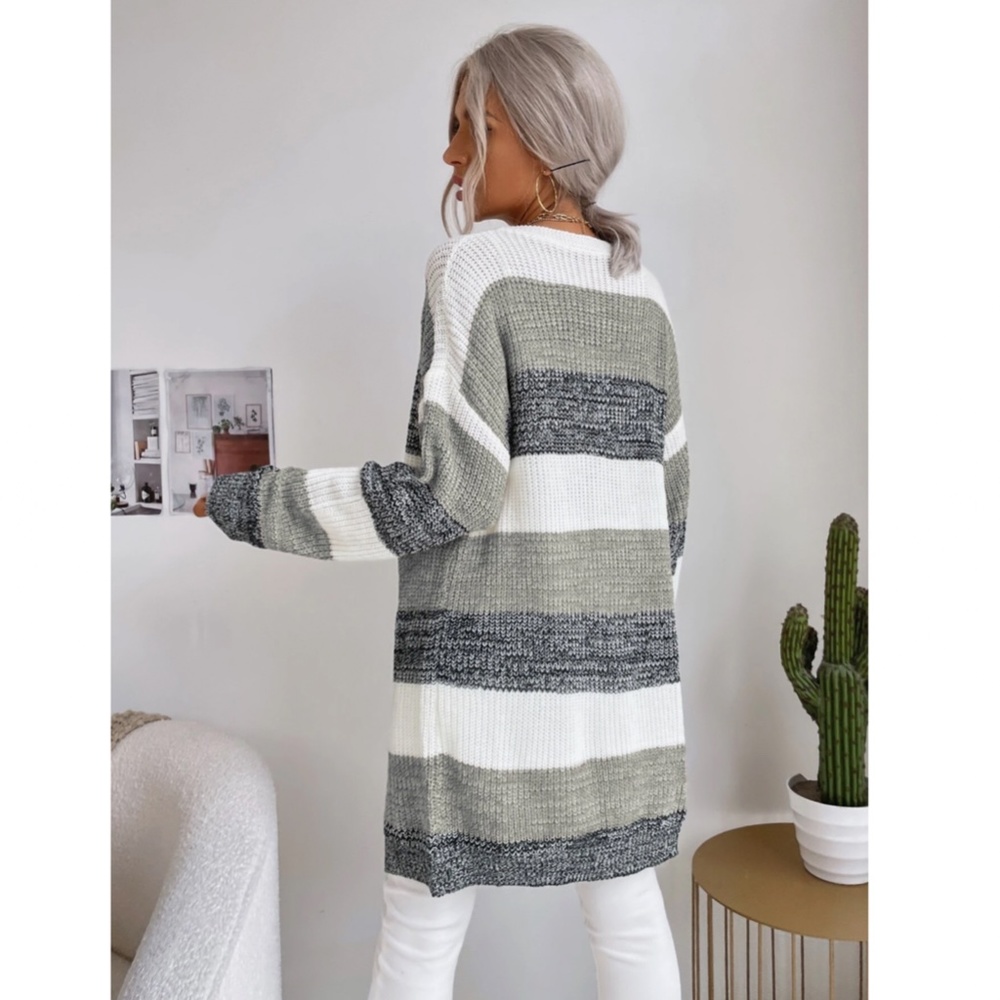 Colorblock Stripes Open Knit Cardigan Knee Length - Picture 4 of 9